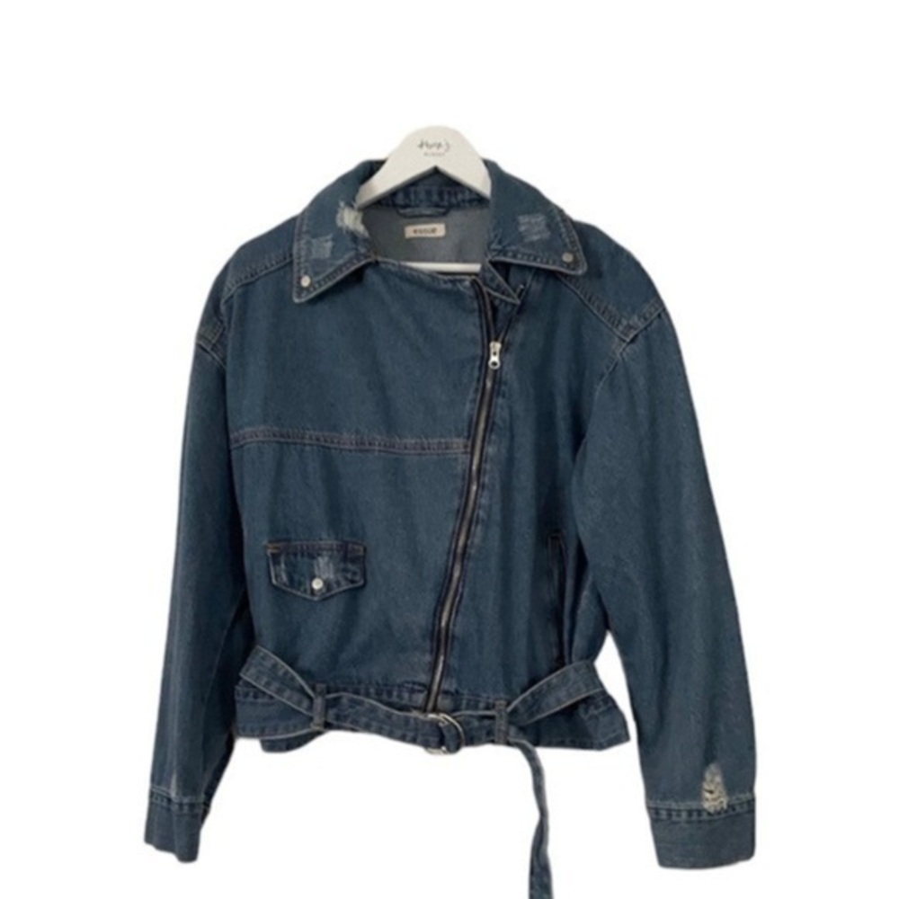 ESSUE Y2K Distressed Moto BOHO Asymmetrical Zip Jean Jacket Large